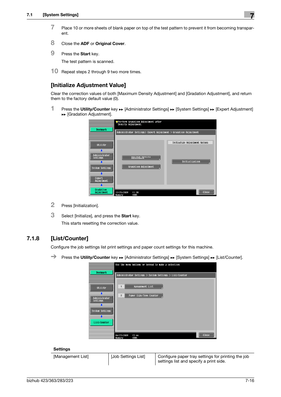 Initialize adjustment value, 8 [list/counter, Initialize adjustment value] -16 | List/counter] -16 | Konica Minolta BIZHUB 223 User Manual | Page 148 / 266