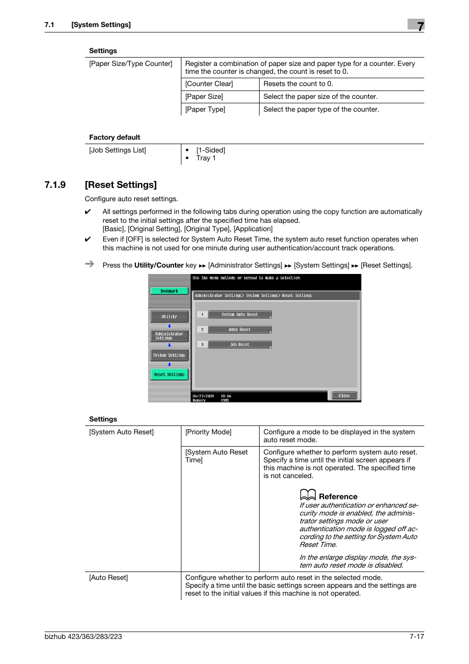 9 [reset settings, Reset settings] -17 | Konica Minolta BIZHUB 223 User Manual | Page 149 / 266