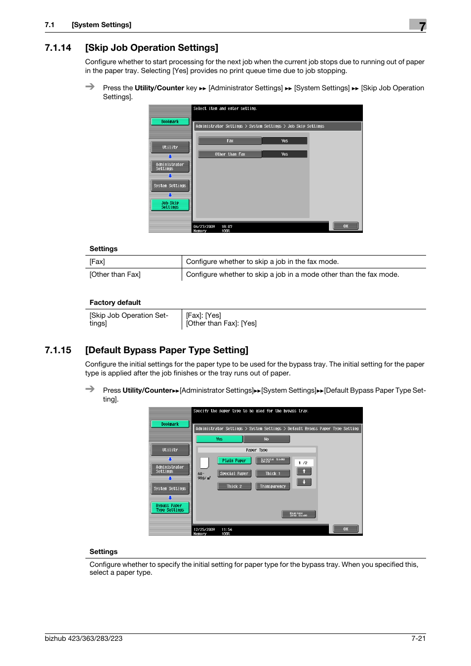 14 [skip job operation settings, 15 [default bypass paper type setting, Skip job operation settings] -21 | Default bypass paper type setting] -21 | Konica Minolta BIZHUB 223 User Manual | Page 153 / 266
