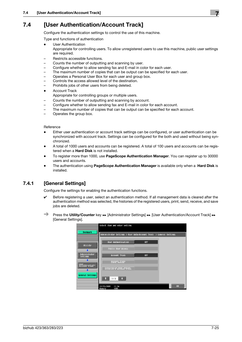 4 [user authentication/account track, 1 [general settings, User authentication/account track] -25 | General settings] -25 | Konica Minolta BIZHUB 223 User Manual | Page 157 / 266
