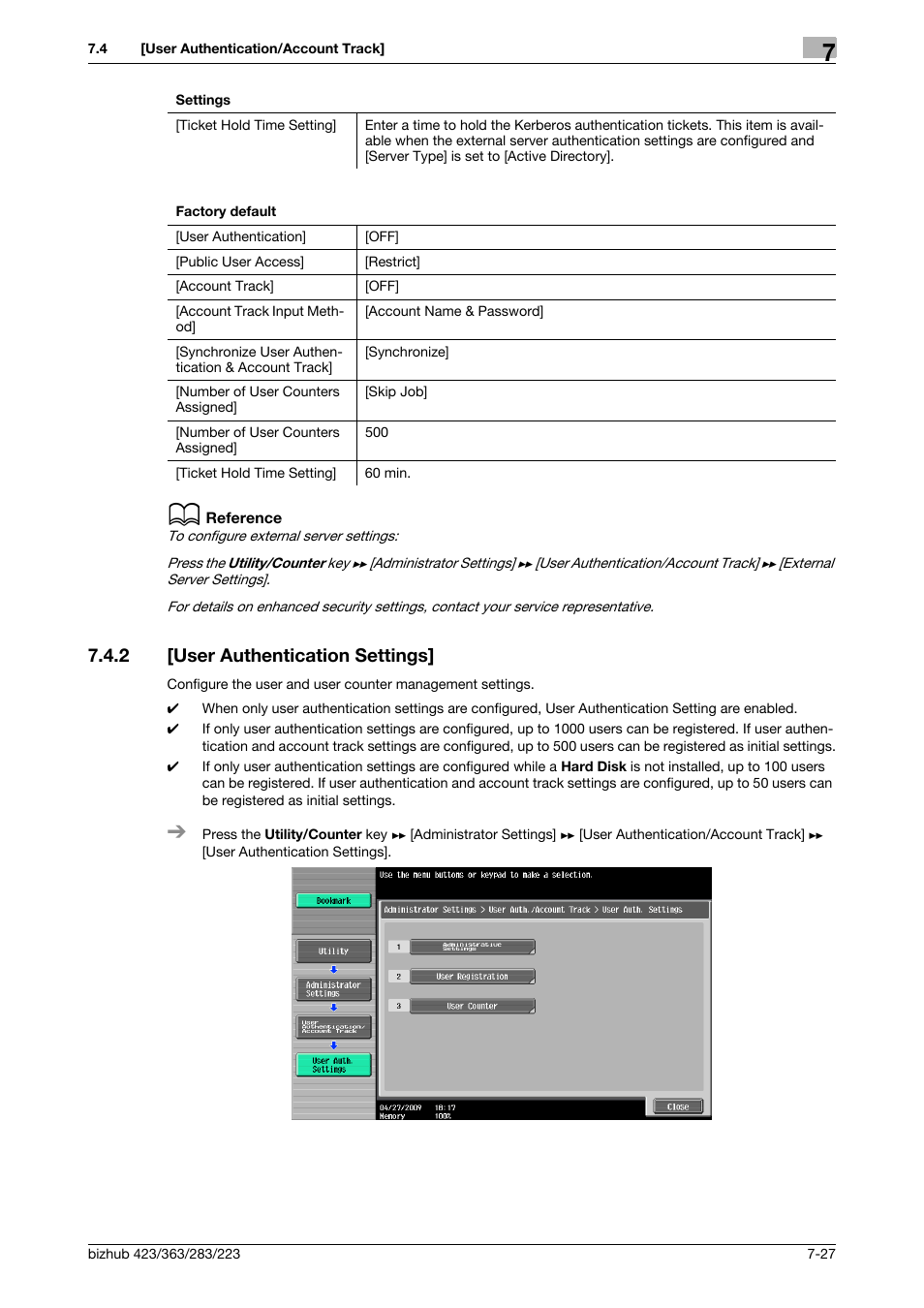 2 [user authentication settings, User authentication settings] -27 | Konica Minolta BIZHUB 223 User Manual | Page 159 / 266