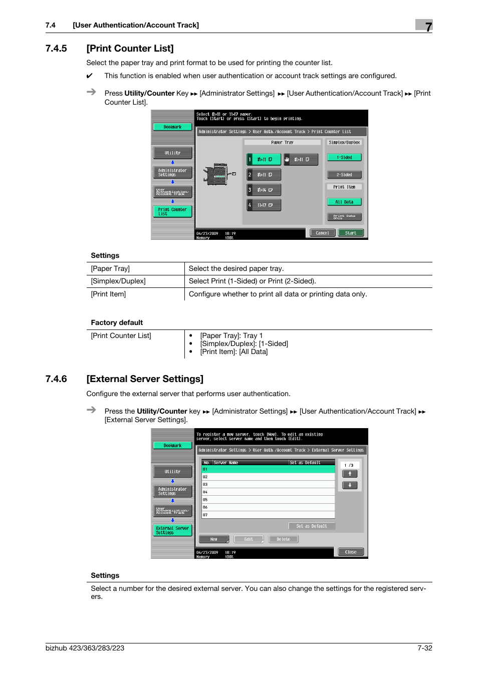 5 [print counter list, 6 [external server settings, Print counter list] -32 | External server settings] -32 | Konica Minolta BIZHUB 223 User Manual | Page 164 / 266
