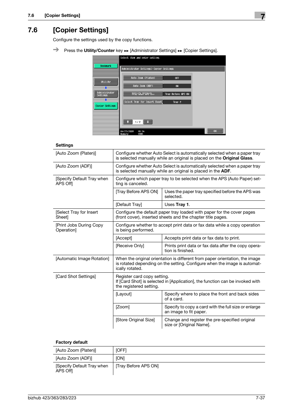 6 [copier settings, Copier settings] -37 | Konica Minolta BIZHUB 223 User Manual | Page 169 / 266