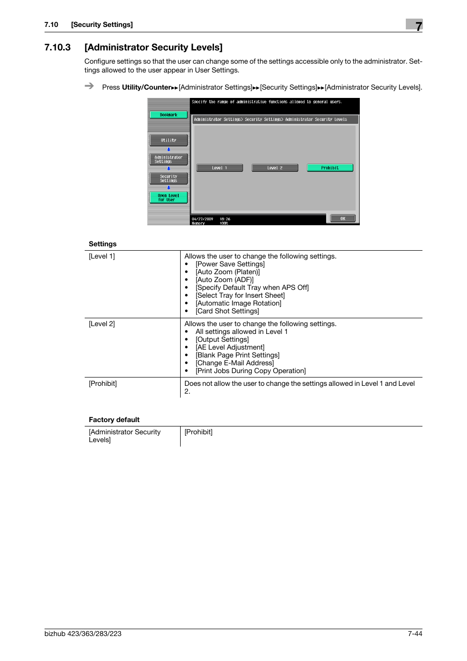3 [administrator security levels, Administrator security levels] -44 | Konica Minolta BIZHUB 223 User Manual | Page 176 / 266
