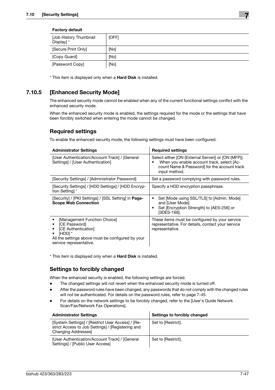 5 [enhanced security mode, Required settings, Settings to forcibly changed | Konica Minolta BIZHUB 223 User Manual | Page 179 / 266
