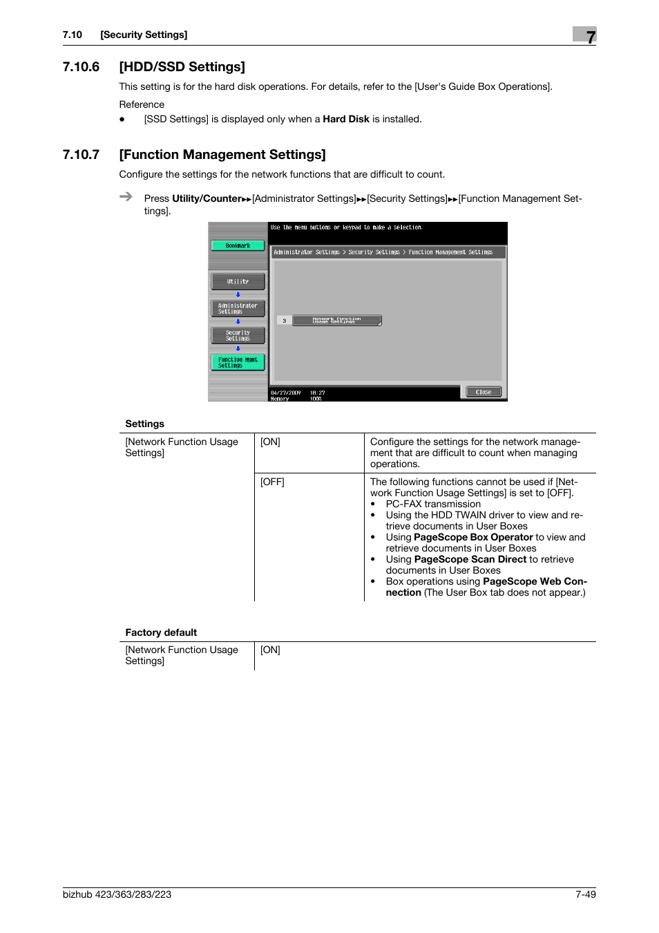 6 [hdd/ssd settings, 7 [function management settings, Hdd/ssd settings] -49 | Function management settings] -49 | Konica Minolta BIZHUB 223 User Manual | Page 181 / 266