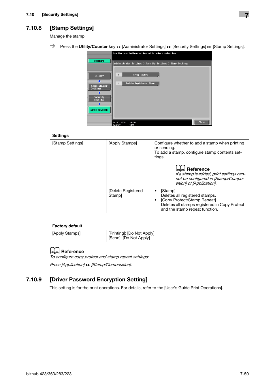 8 [stamp settings, 9 [driver password encryption setting, Stamp settings] -50 | Driver password encryption setting] -50 | Konica Minolta BIZHUB 223 User Manual | Page 182 / 266