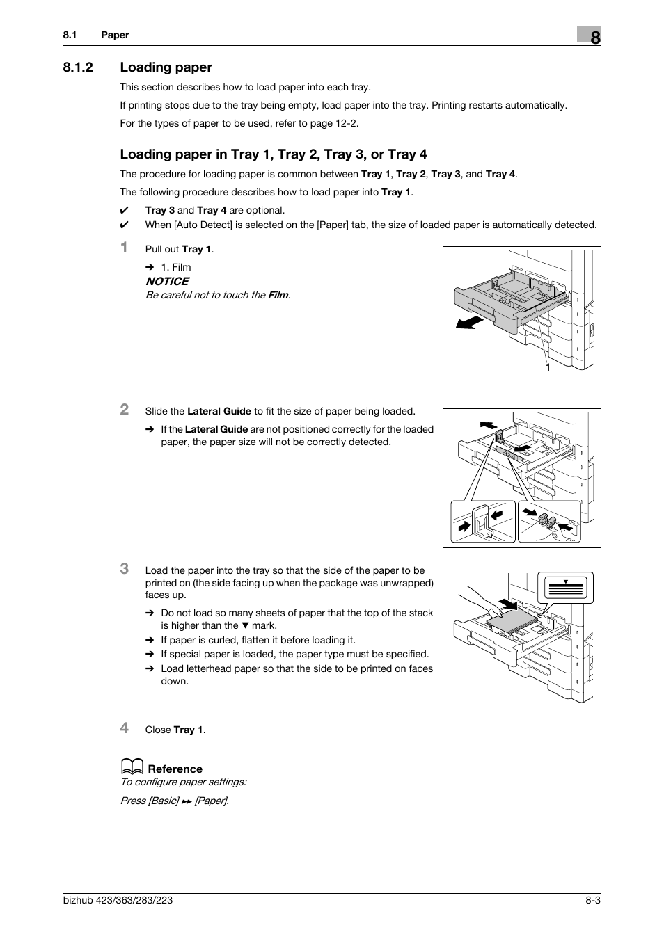 2 loading paper, Loading paper in tray 1, tray 2, tray 3, or tray 4 | Konica Minolta BIZHUB 223 User Manual | Page 187 / 266