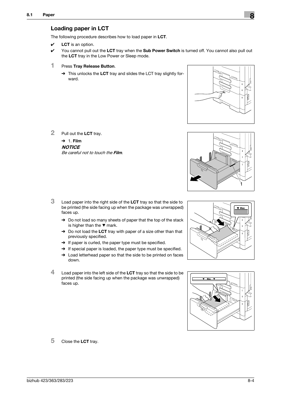 Loading paper in lct, Loading paper in lct -4 | Konica Minolta BIZHUB 223 User Manual | Page 188 / 266