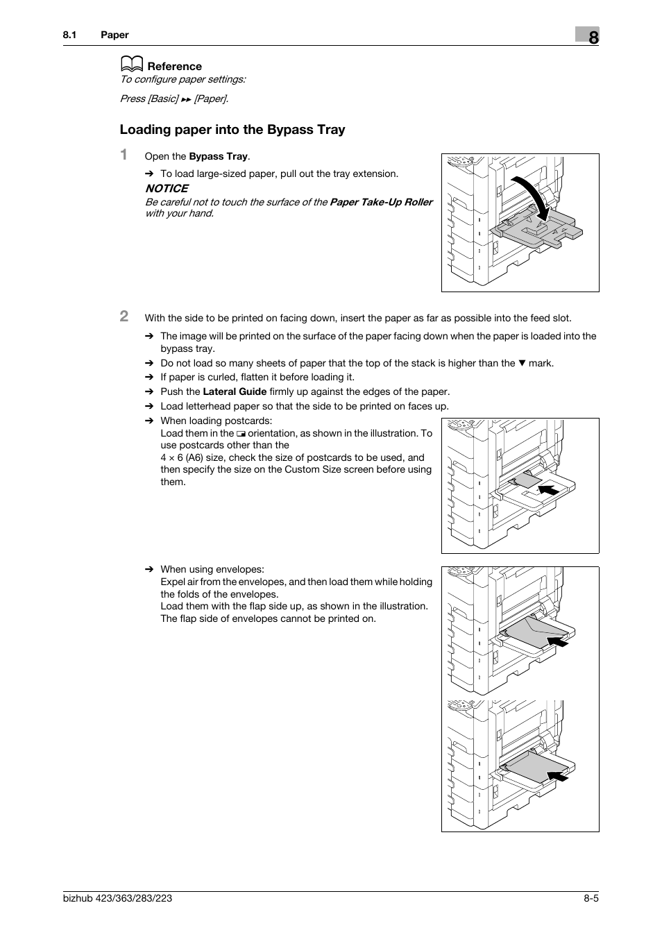 Loading paper into the bypass tray, Loading paper into the bypass tray -5 | Konica Minolta BIZHUB 223 User Manual | Page 189 / 266
