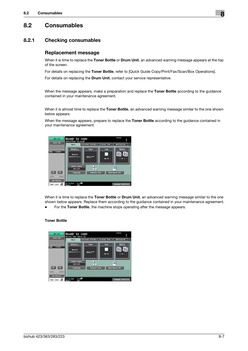 2 consumables, 1 checking consumables, Replacement message | Consumables -7, Checking co, Nsumables -7, Replacement message -7 | Konica Minolta BIZHUB 223 User Manual | Page 191 / 266