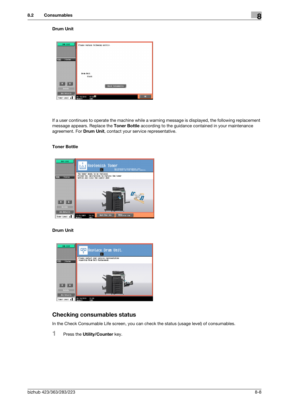 Checking consumables status, Checking consumables status -8 | Konica Minolta BIZHUB 223 User Manual | Page 192 / 266