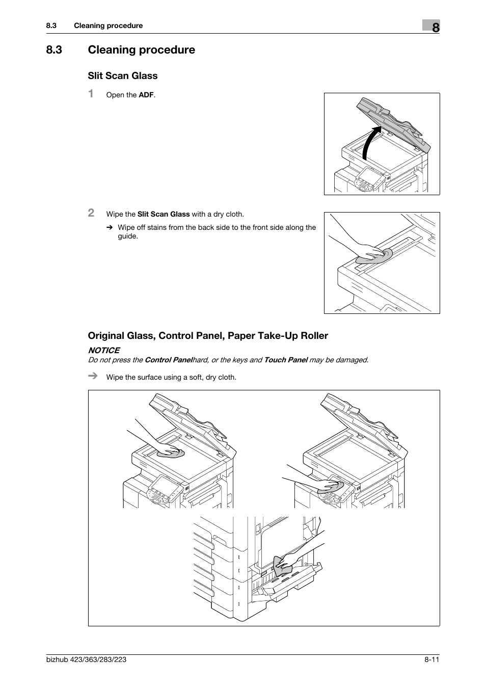 3 cleaning procedure, Slit scan glass | Konica Minolta BIZHUB 223 User Manual | Page 195 / 266
