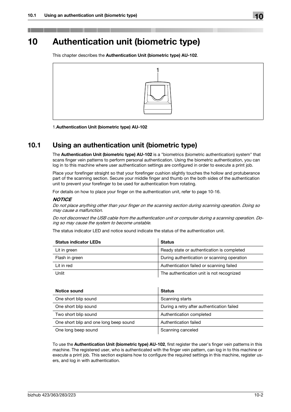 10 authentication unit (biometric type), 1 using an authentication unit (biometric type), Authentication unit (biometric type) | Using an authentication unit (biometric type) -2, P. 10-2), (p, P. 10-2 | Konica Minolta BIZHUB 223 User Manual | Page 208 / 266