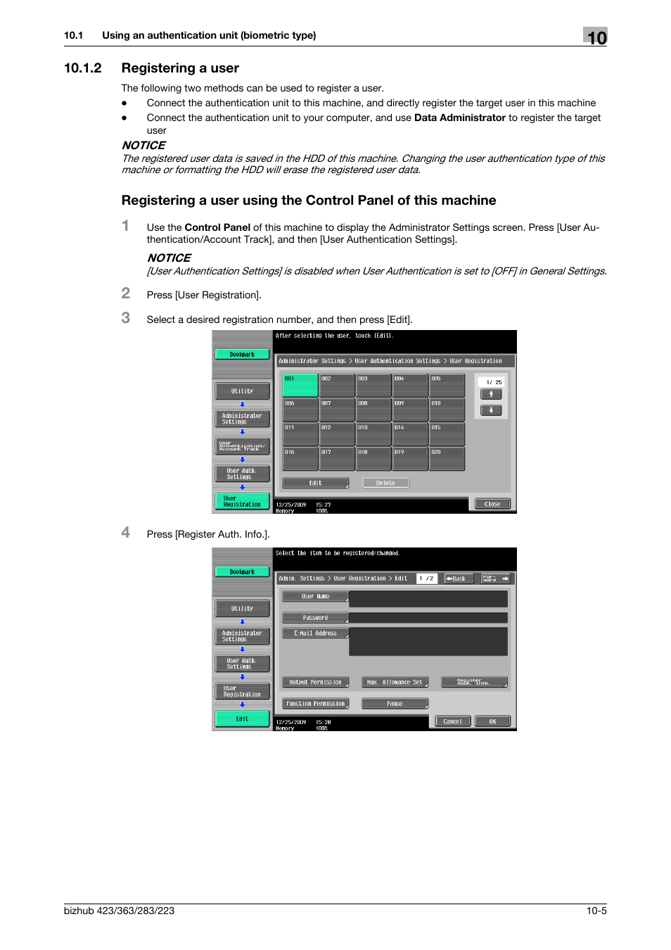2 registering a user | Konica Minolta BIZHUB 223 User Manual | Page 211 / 266