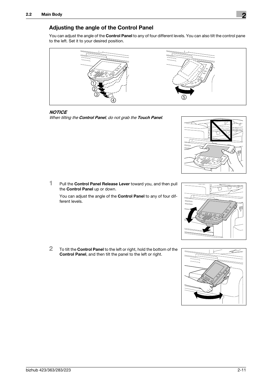 Adjusting the angle of the control panel, Adjusting the angle of the control panel -11 | Konica Minolta BIZHUB 223 User Manual | Page 22 / 266