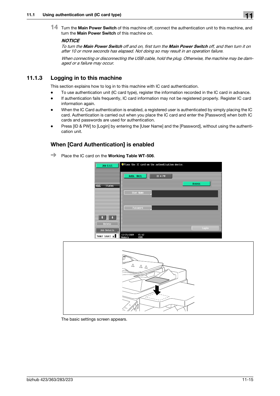 3 logging in to this machine, When [card authentication] is enabled | Konica Minolta BIZHUB 223 User Manual | Page 238 / 266