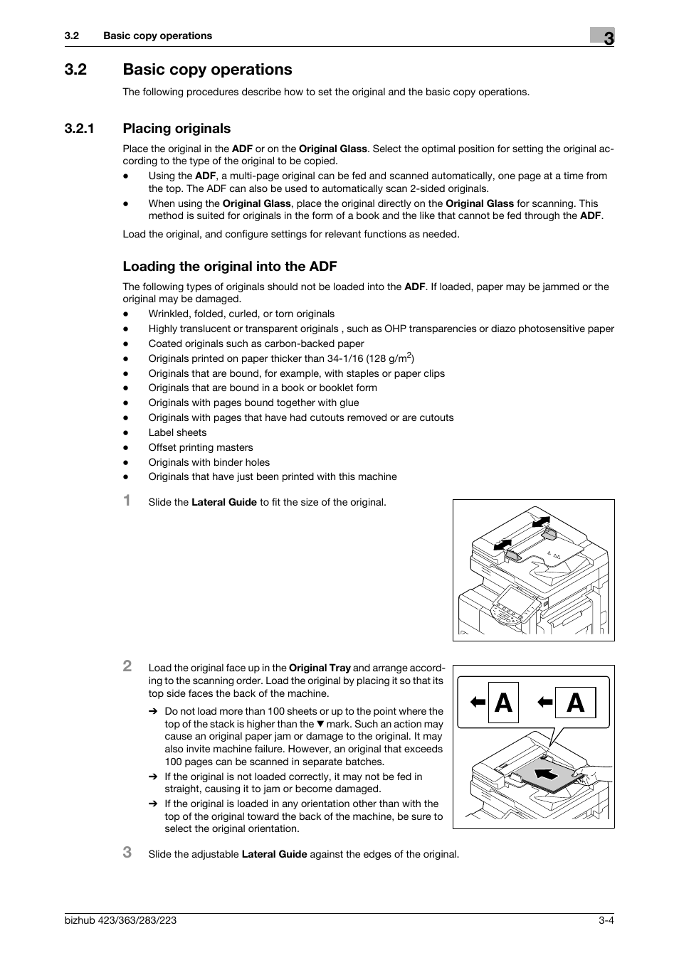 2 basic copy operations, 1 placing originals, Loading the original into the adf | Basic copy operations -4 | Konica Minolta BIZHUB 223 User Manual | Page 32 / 266