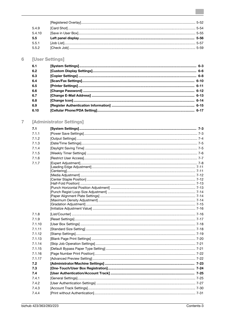 6[user settings, 7[administrator settings | Konica Minolta BIZHUB 223 User Manual | Page 4 / 266