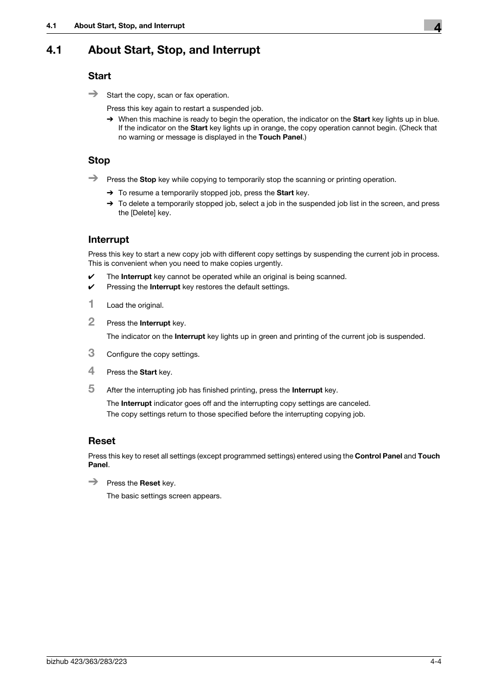 1 about start, stop, and interrupt, Start, Stop | Interrupt, Reset, P. 4-4 | Konica Minolta BIZHUB 223 User Manual | Page 40 / 266