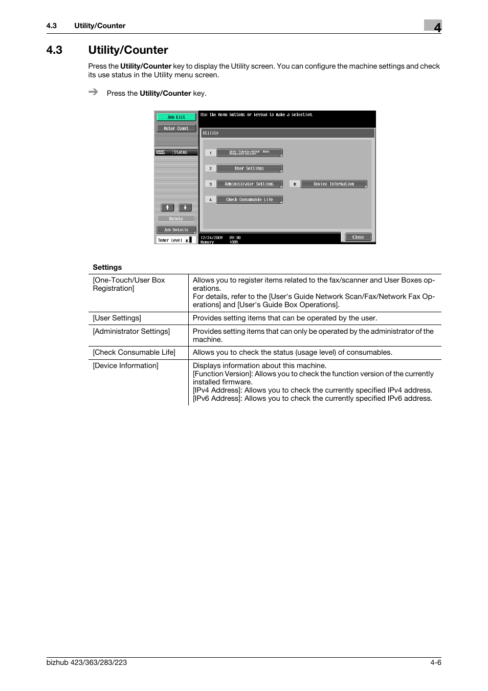 3 utility/counter, Utility/counter -6, P. 4-6 | Konica Minolta BIZHUB 223 User Manual | Page 42 / 266