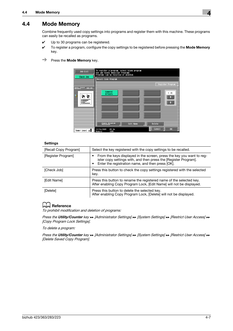 4 mode memory, Mode memory -7, P. 4-7 | Konica Minolta BIZHUB 223 User Manual | Page 43 / 266