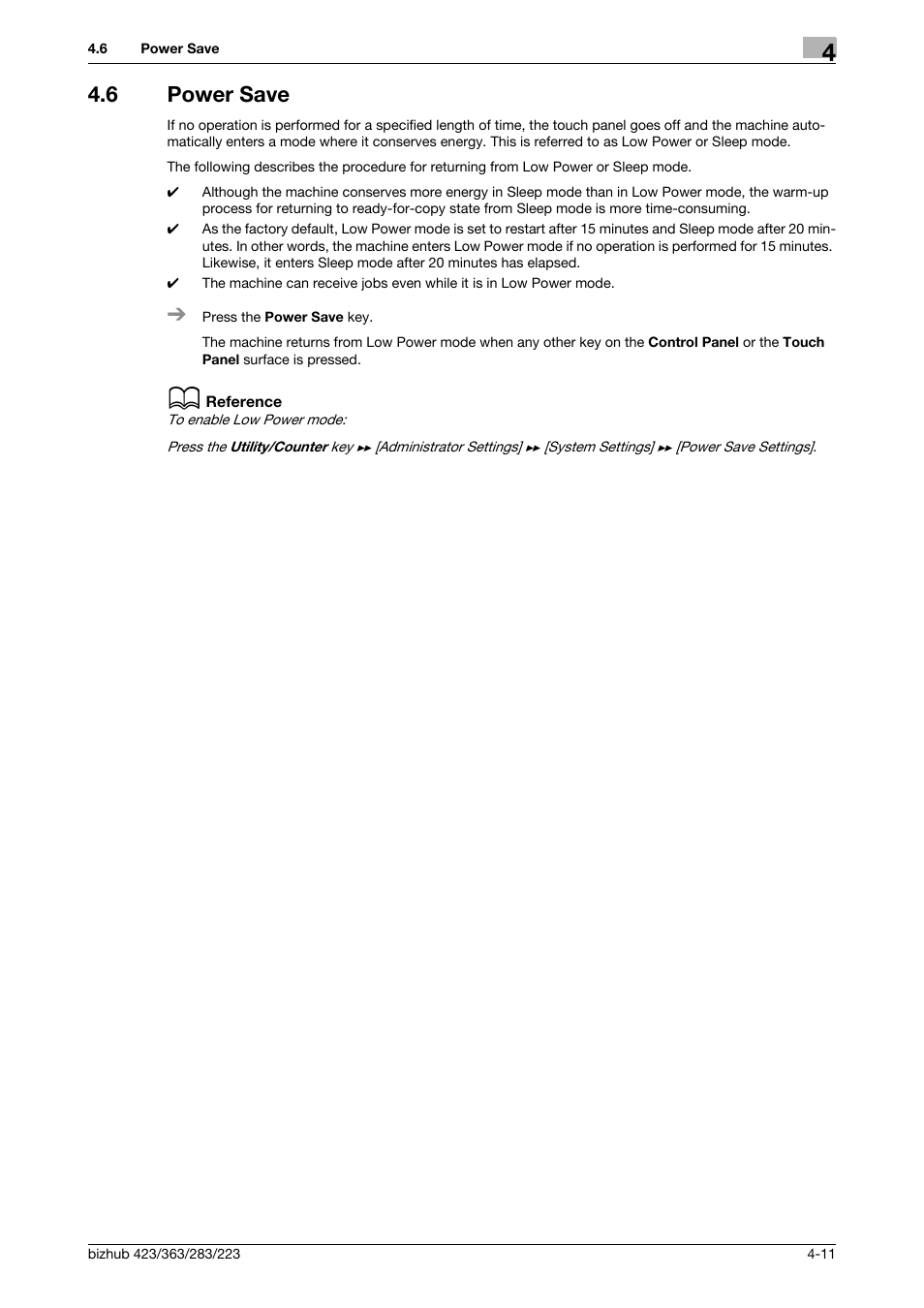 6 power save, Power save -11, P. 4-11 | Konica Minolta BIZHUB 223 User Manual | Page 47 / 266