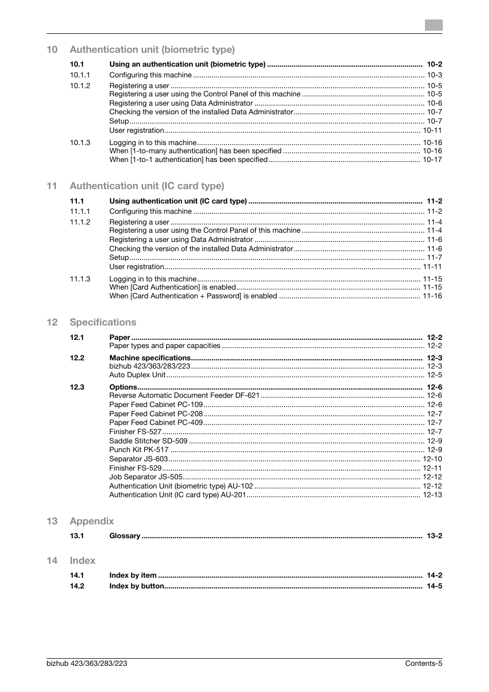 10 authentication unit (biometric type), 11 authentication unit (ic card type), 12 specifications | 13 appendix, 14 index | Konica Minolta BIZHUB 223 User Manual | Page 6 / 266