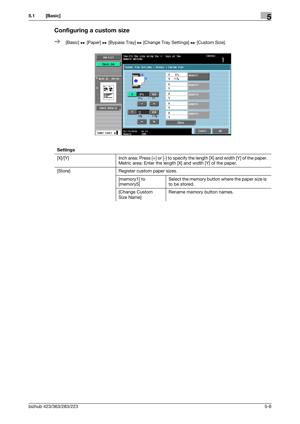 Configuring a custom size, Configuring a custom size -6 | Konica Minolta BIZHUB 223 User Manual | Page 62 / 266