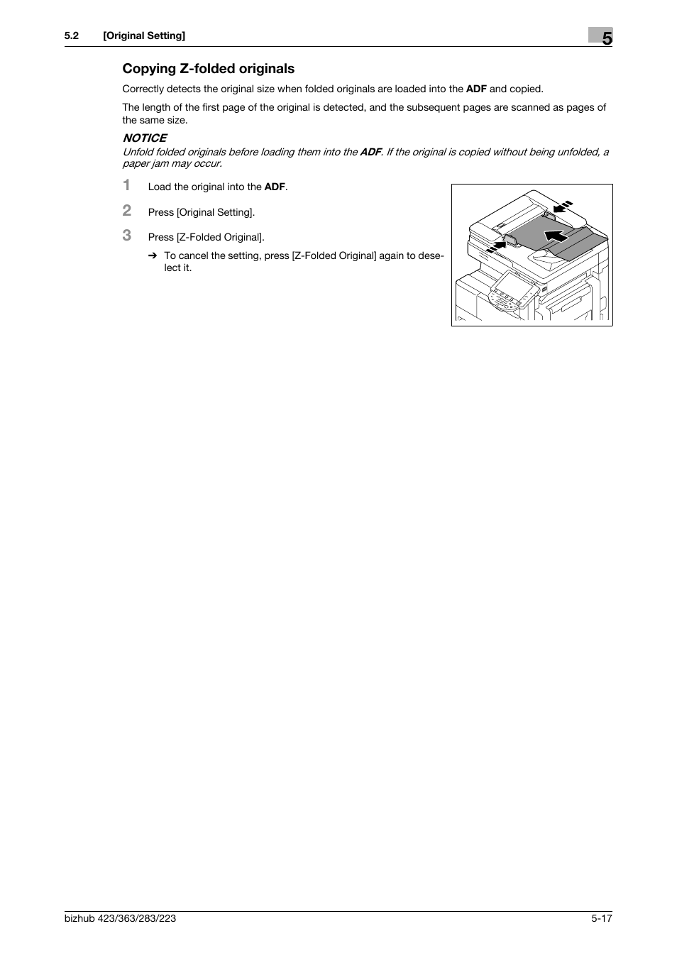 Copying z-folded originals, Copying z-folded originals -17 | Konica Minolta BIZHUB 223 User Manual | Page 73 / 266