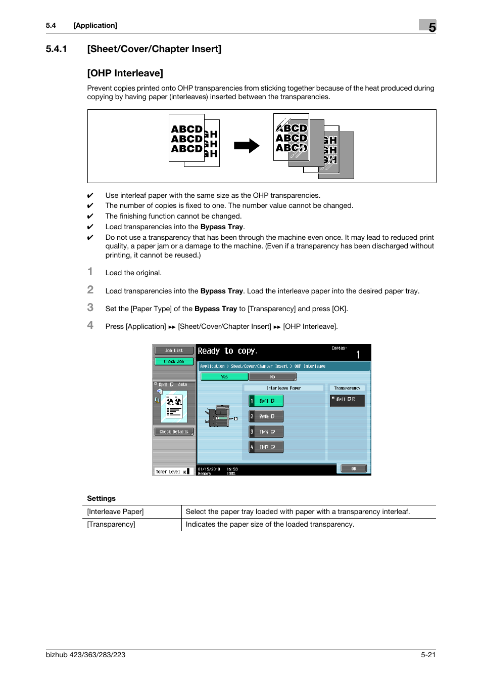 1 [sheet/cover/chapter insert, Ohp interleave, P. 5-21 | Konica Minolta BIZHUB 223 User Manual | Page 77 / 266