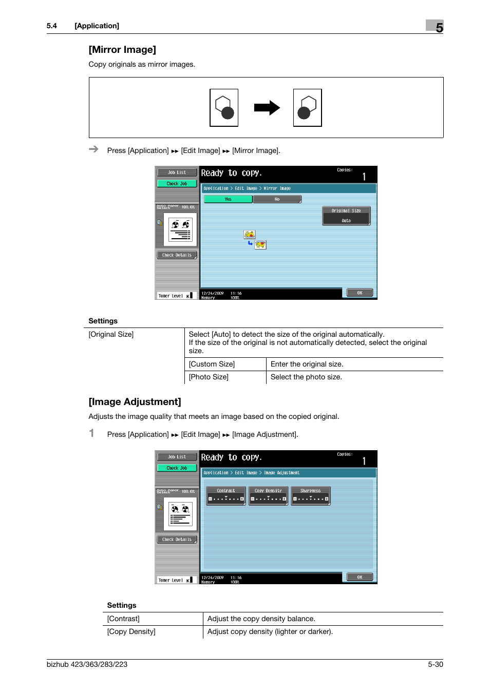Mirror image, Image adjustment, Mirror image] -30 [image adjustment] -30 | Konica Minolta BIZHUB 223 User Manual | Page 86 / 266