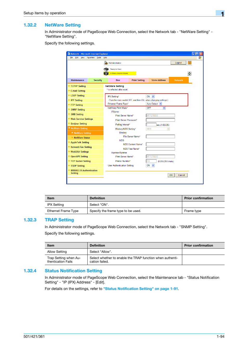 2 netware setting, 3 trap setting, 4 status notification setting | Netware setting -94, Trap setting -94, Status notification setting -94, Netware setting, Trap setting, Status notification setting | Konica Minolta bizhub 501 User Manual | Page 107 / 233
