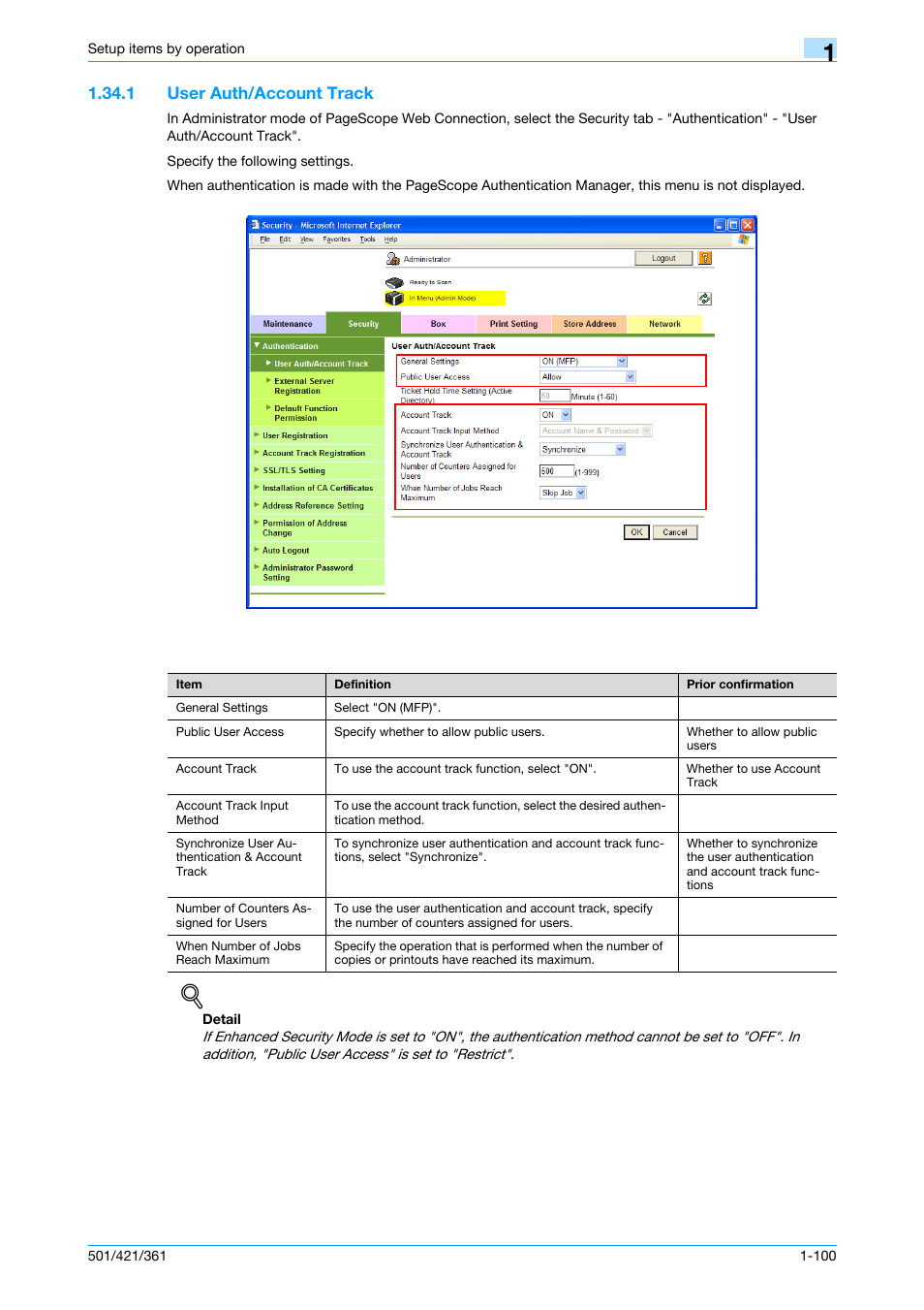 1 user auth/account track, User auth/account track -100, User auth/account track | Konica Minolta bizhub 501 User Manual | Page 113 / 233