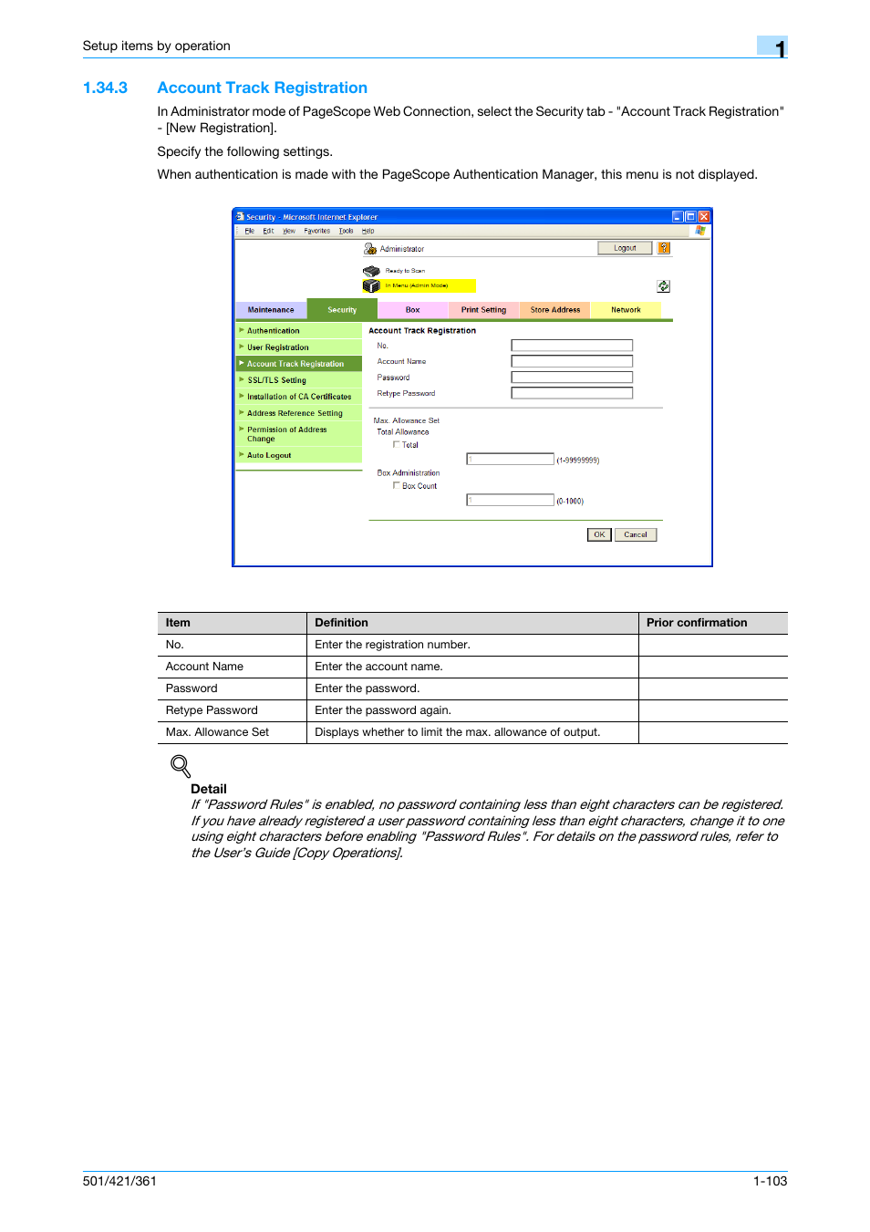 3 account track registration, Account track registration -103, Account track registration | Konica Minolta bizhub 501 User Manual | Page 116 / 233