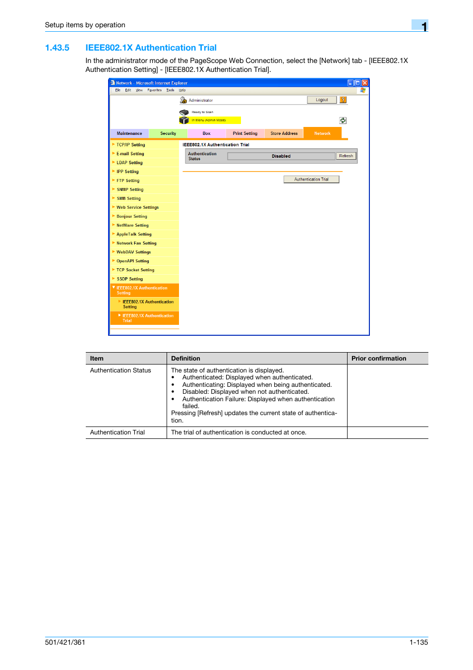 5 ieee802.1x authentication trial, Ieee802.1x authentication trial -135, Ieee802.1x authentication trial | Konica Minolta bizhub 501 User Manual | Page 148 / 233