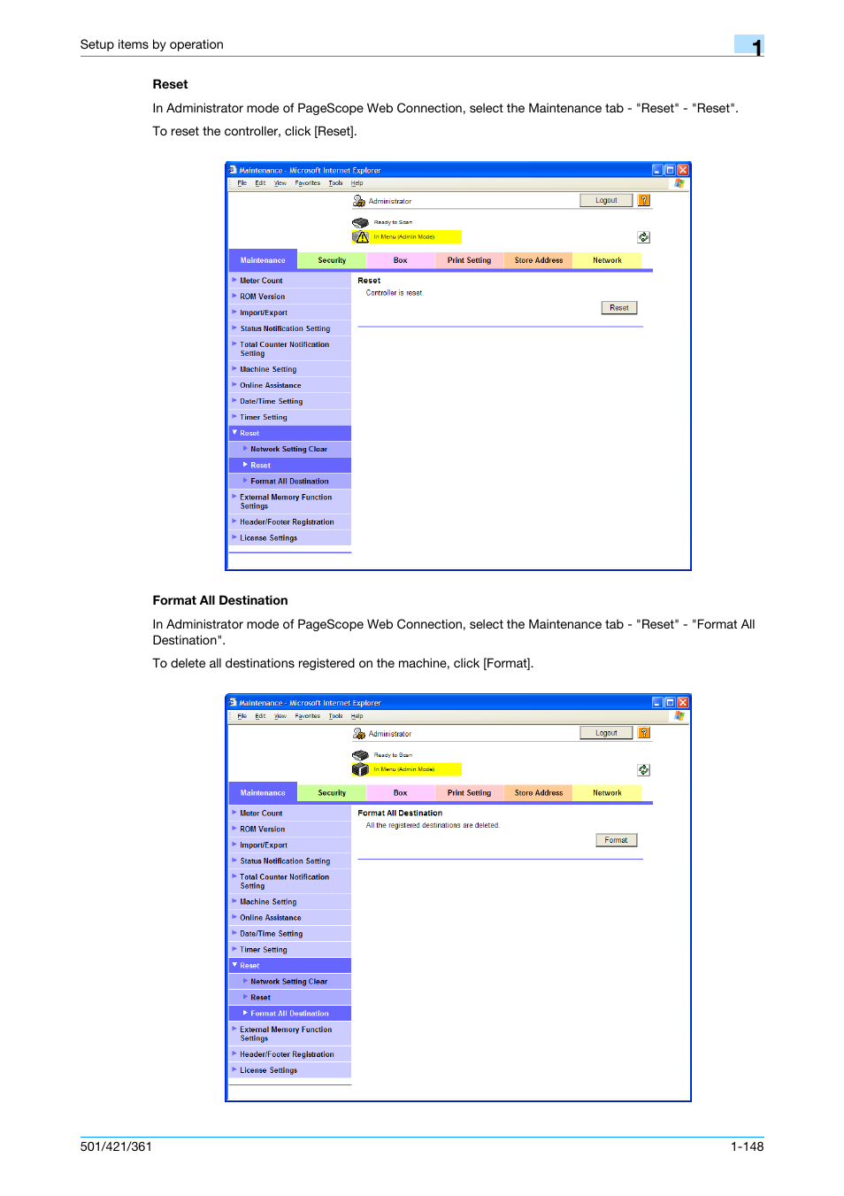 Reset, Format all destination, Reset -148 format all destination -148 | Konica Minolta bizhub 501 User Manual | Page 161 / 233