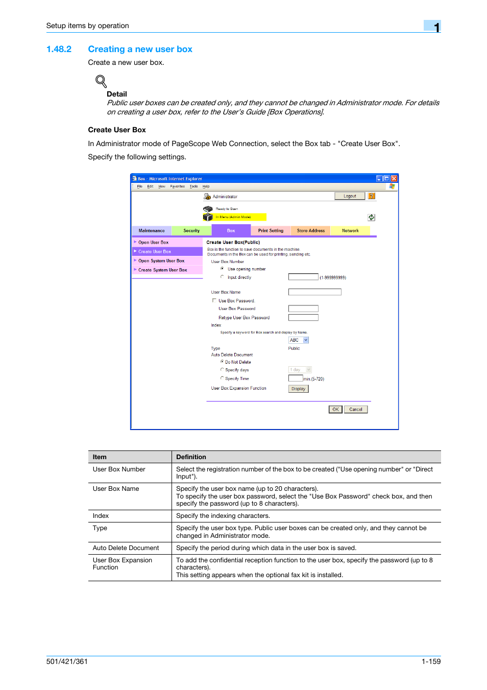 2 creating a new user box, Create user box, Creating a new user box -159 create user box -159 | Konica Minolta bizhub 501 User Manual | Page 172 / 233