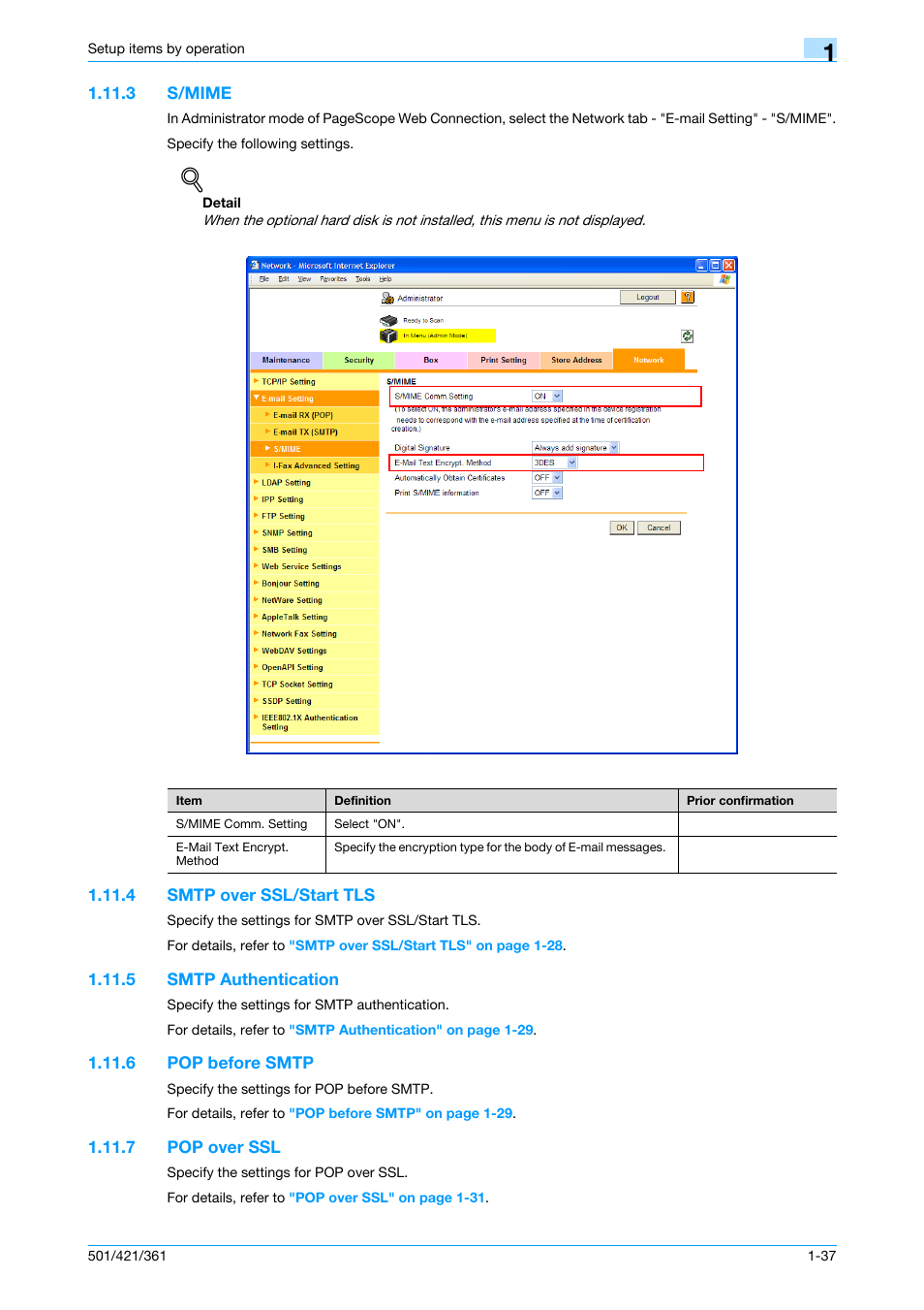 3 s/mime, 4 smtp over ssl/start tls, 5 smtp authentication | 6 pop before smtp, 7 pop over ssl, S/mime -37, Smtp over ssl/start tls -37, Smtp authentication -37, Pop before smtp -37, Pop over ssl -37 | Konica Minolta bizhub 501 User Manual | Page 50 / 233