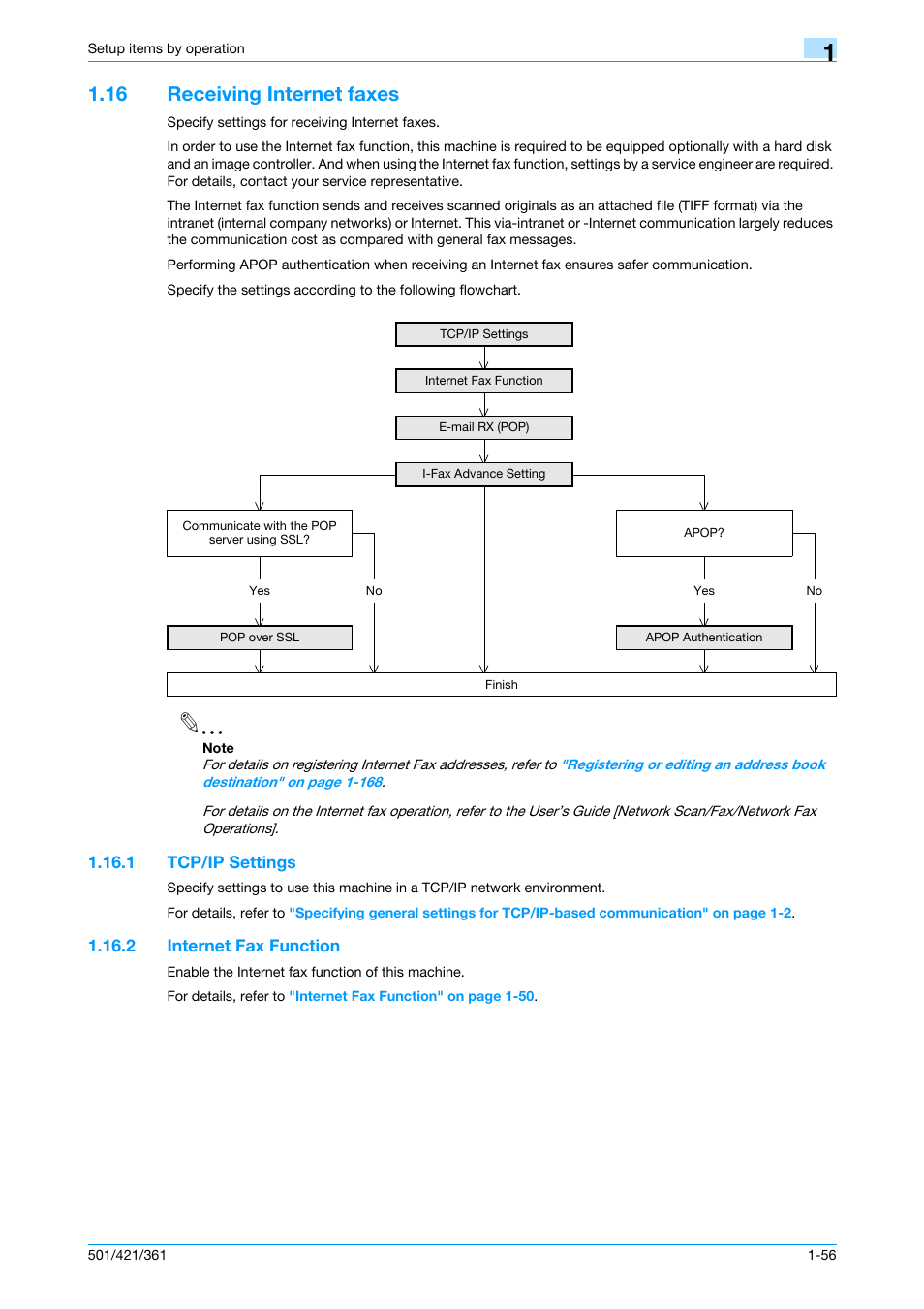 16 receiving internet faxes, 1 tcp/ip settings, 2 internet fax function | Receiving internet faxes -56, Tcp/ip settings -56, Internet fax function -56 | Konica Minolta bizhub 501 User Manual | Page 69 / 233