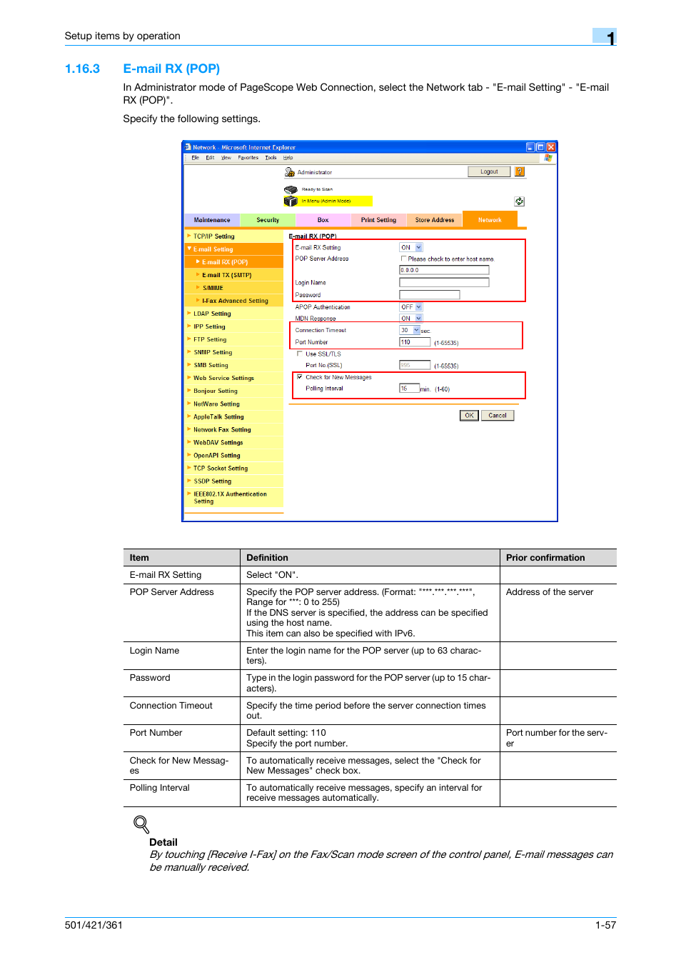 3 e-mail rx (pop), E-mail rx (pop) -57, E-mail rx (pop) | Konica Minolta bizhub 501 User Manual | Page 70 / 233