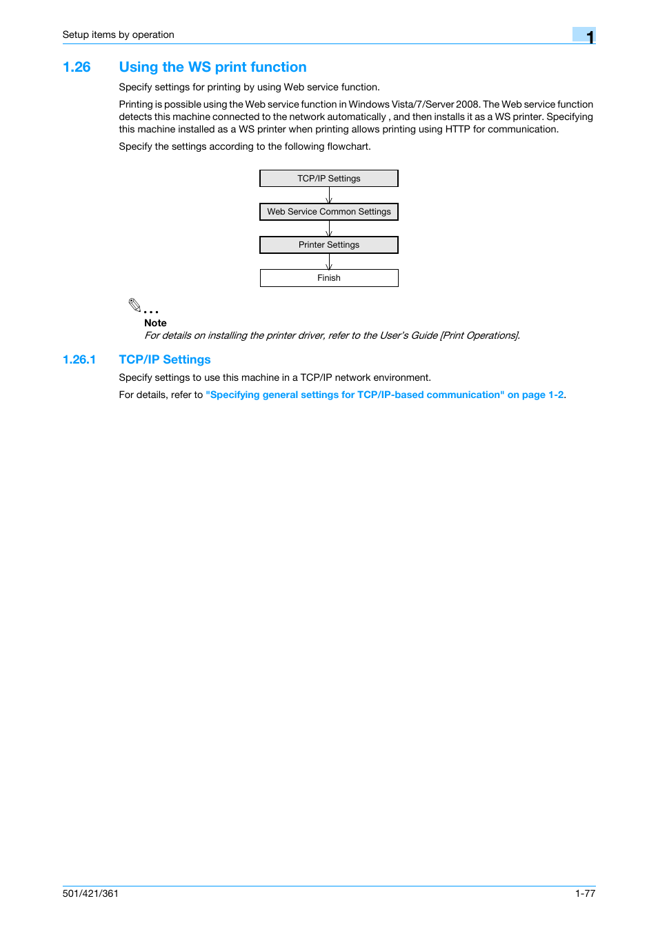 26 using the ws print function, 1 tcp/ip settings, Using the ws print function -77 | Tcp/ip settings -77 | Konica Minolta bizhub 501 User Manual | Page 90 / 233