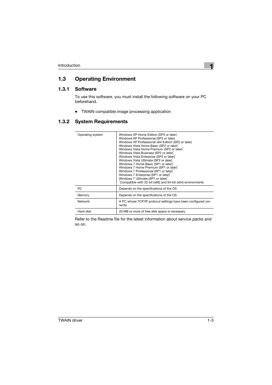 3 operating environment, 1 software, 2 system requirements | Operating environment -3, Software -3, System requirements -3 | Konica Minolta bizhub C754 User Manual | Page 10 / 50