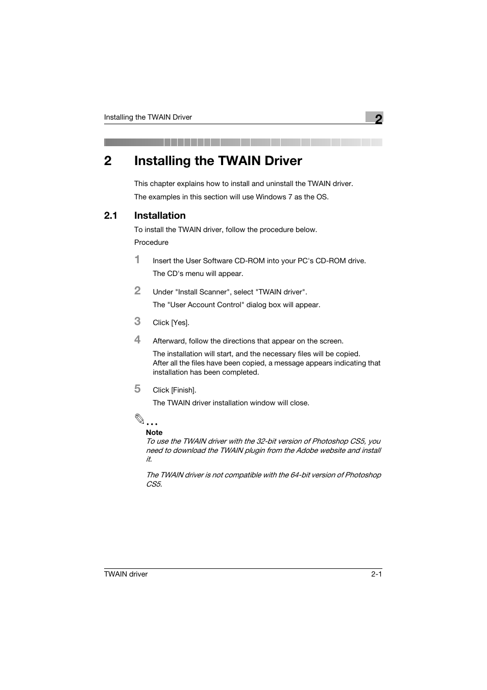 2 installing the twain driver, 1 installation, Installing the twain driver | Installation -1, 2installing the twain driver | Konica Minolta bizhub C754 User Manual | Page 11 / 50
