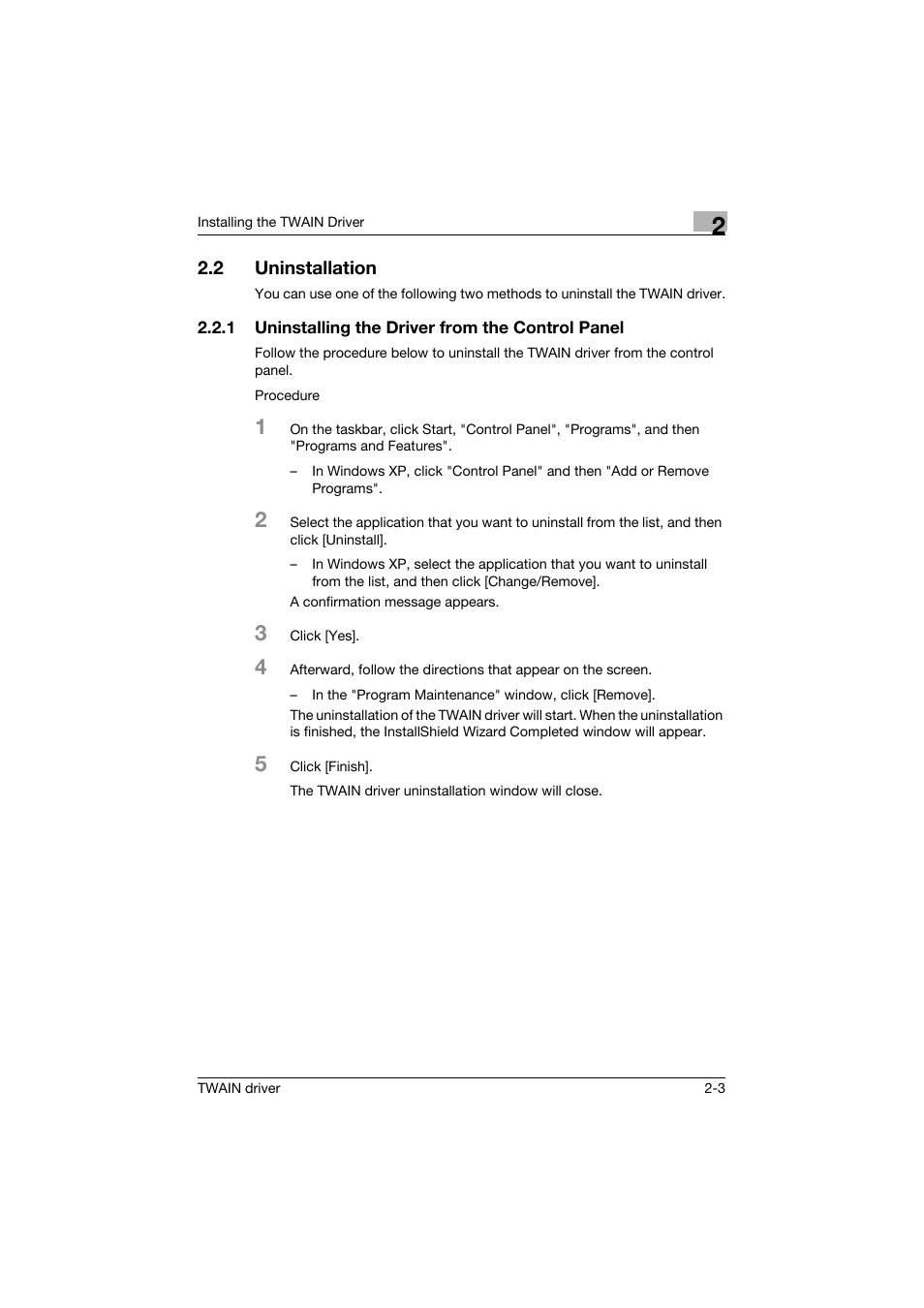 2 uninstallation, 1 uninstalling the driver from the control panel, Uninstallation -3 | Uninstalling the driver from the control panel -3 | Konica Minolta bizhub C754 User Manual | Page 13 / 50