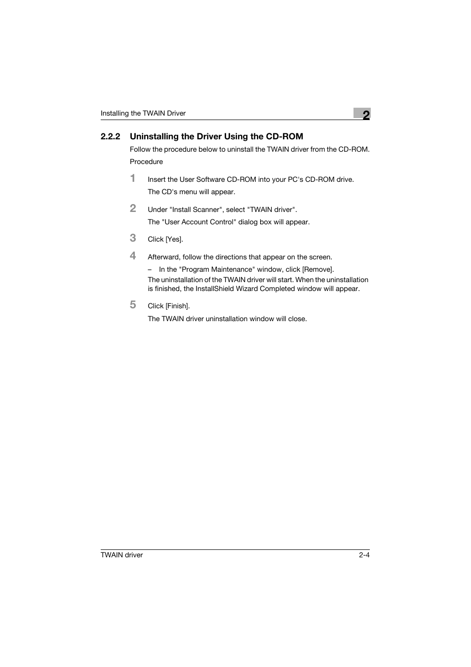 2 uninstalling the driver using the cd-rom, Uninstalling the driver using the cd-rom -4 | Konica Minolta bizhub C754 User Manual | Page 14 / 50