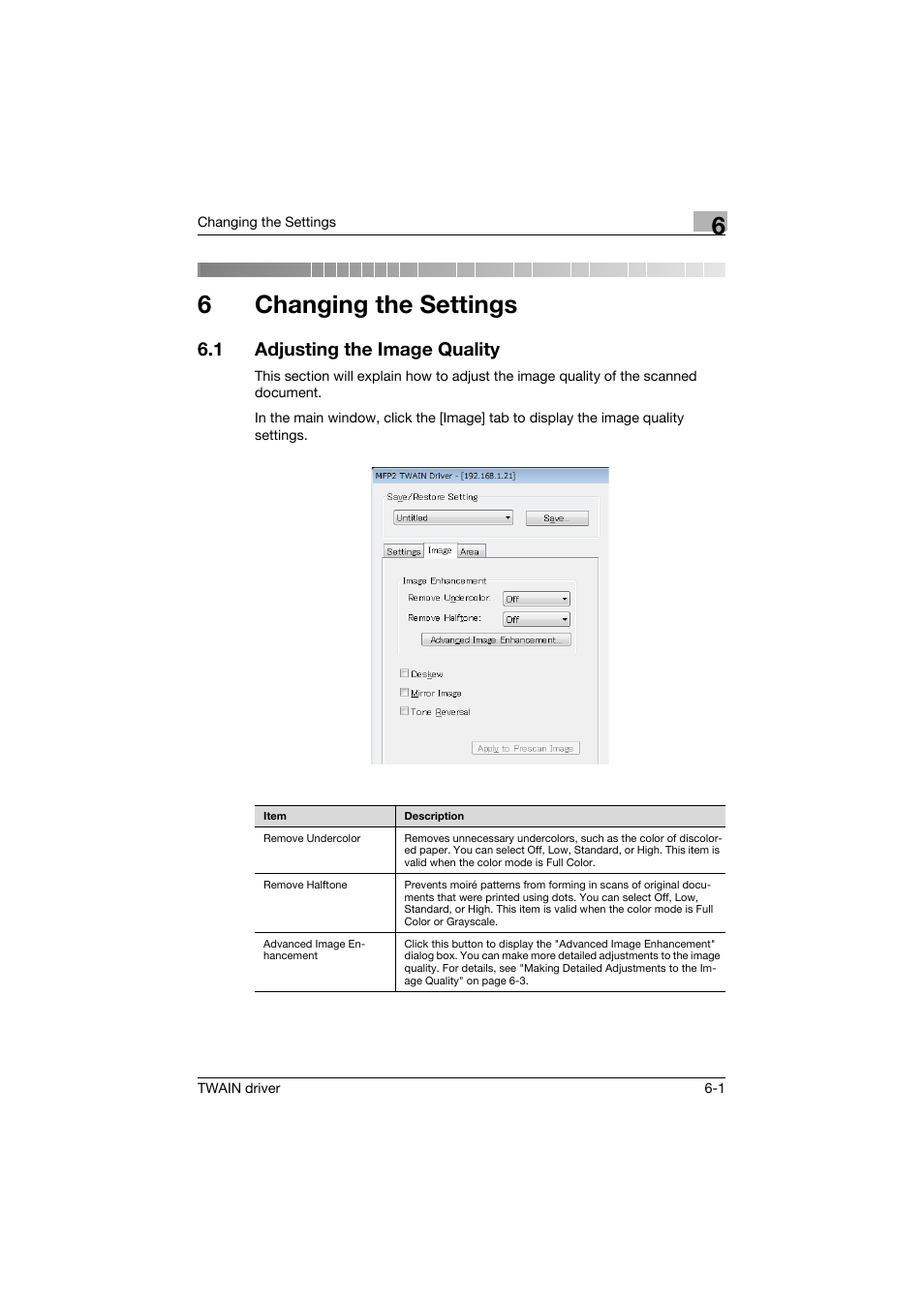 6 changing the settings, 1 adjusting the image quality, Changing the settings | Adjusting the image quality -1, 6changing the settings | Konica Minolta bizhub C754 User Manual | Page 26 / 50