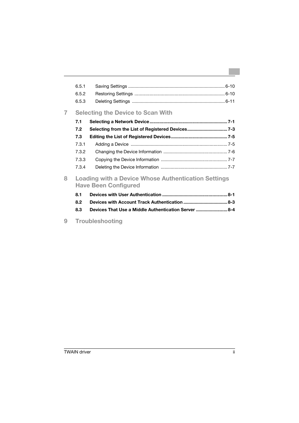 7selecting the device to scan with, 9troubleshooting | Konica Minolta bizhub C754 User Manual | Page 3 / 50