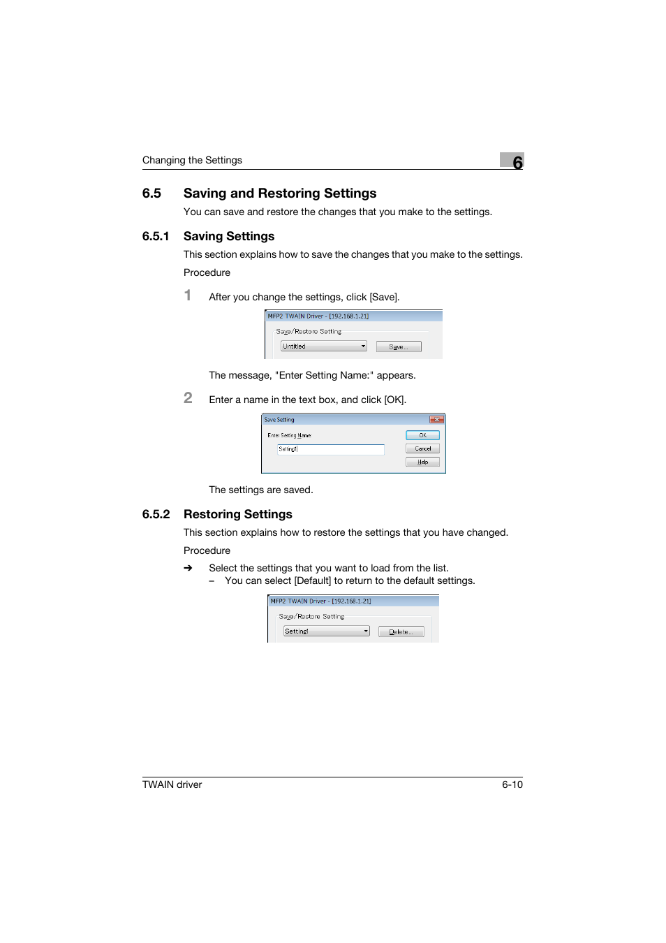 5 saving and restoring settings, 1 saving settings, 2 restoring settings | Saving and restoring settings -10, Saving settings -10, Restoring settings -10 | Konica Minolta bizhub C754 User Manual | Page 35 / 50