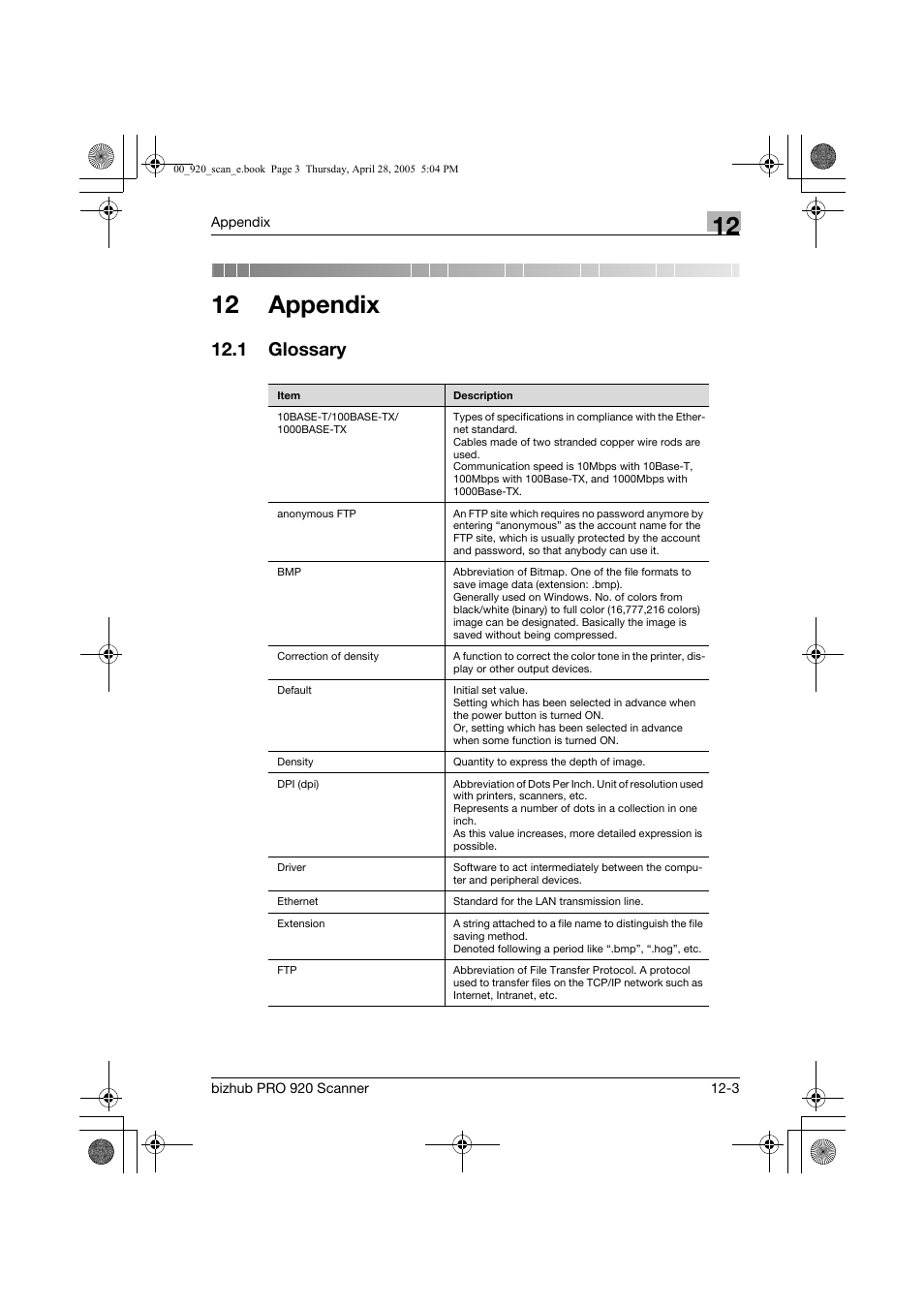 Appendix, 1 glossary, 12 appendix | Konica Minolta bizhub PRO 920 User Manual | Page 170 / 178